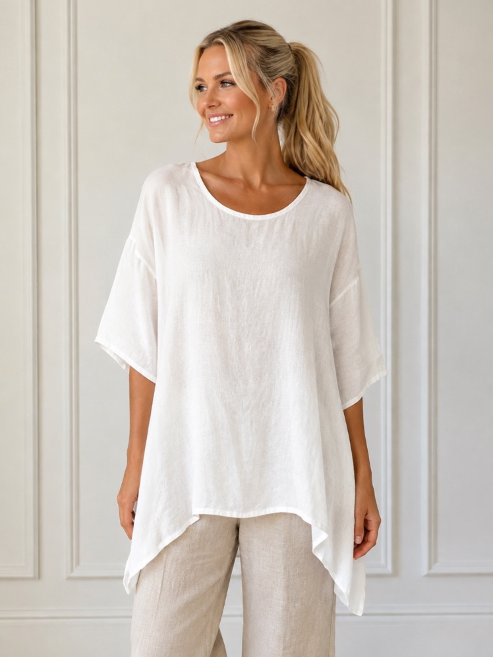 Dorwan 100% Linen White Oversized Lagenlook Handkerchief Tunic Top S